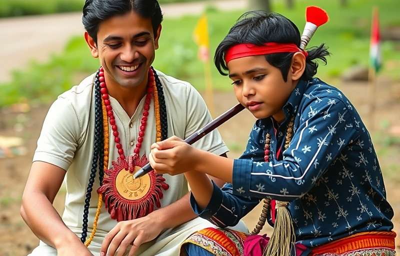 Indian father and son playing Valpoi Victory together while discussing historical battle strategies