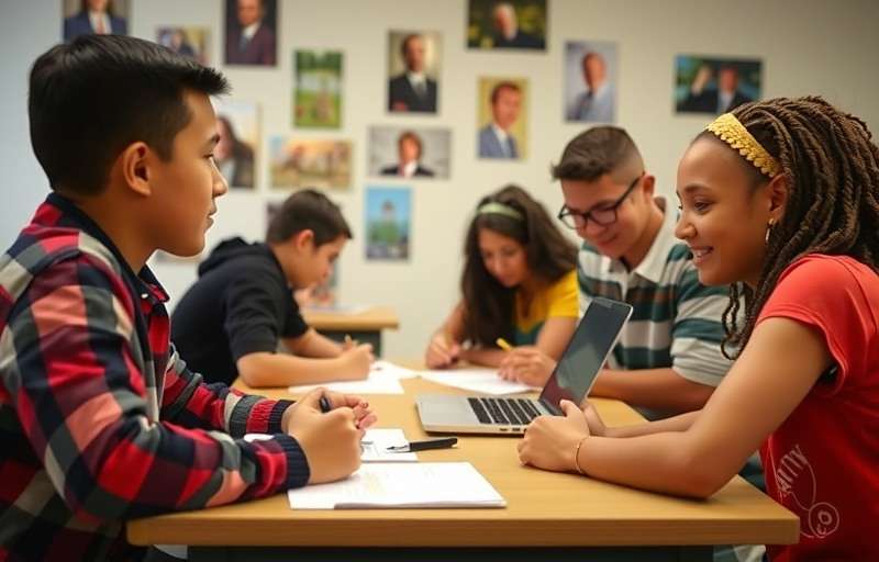 Students in a classroom using Valpoi Victory as part of their history lesson with teacher guidance